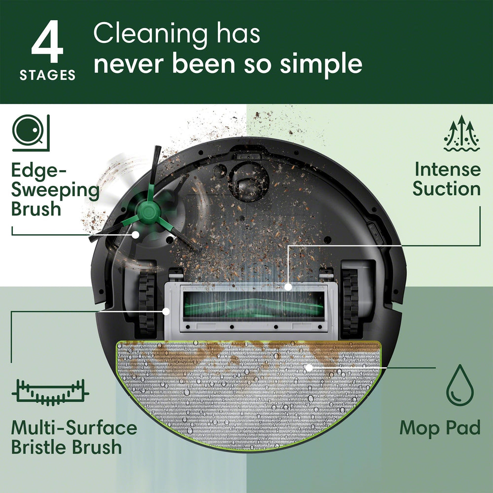 iRobot Roomba 105 edge-sweeping brush detail reaching corners for improved perimeter cleaning