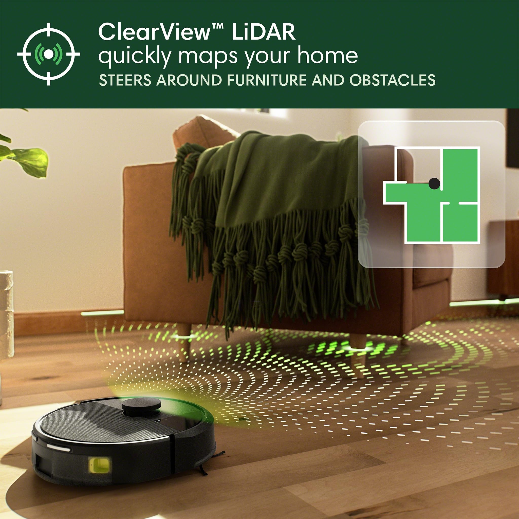 iRobot Roomba 105 cleaning a hard floor demonstrating strong suction pickup