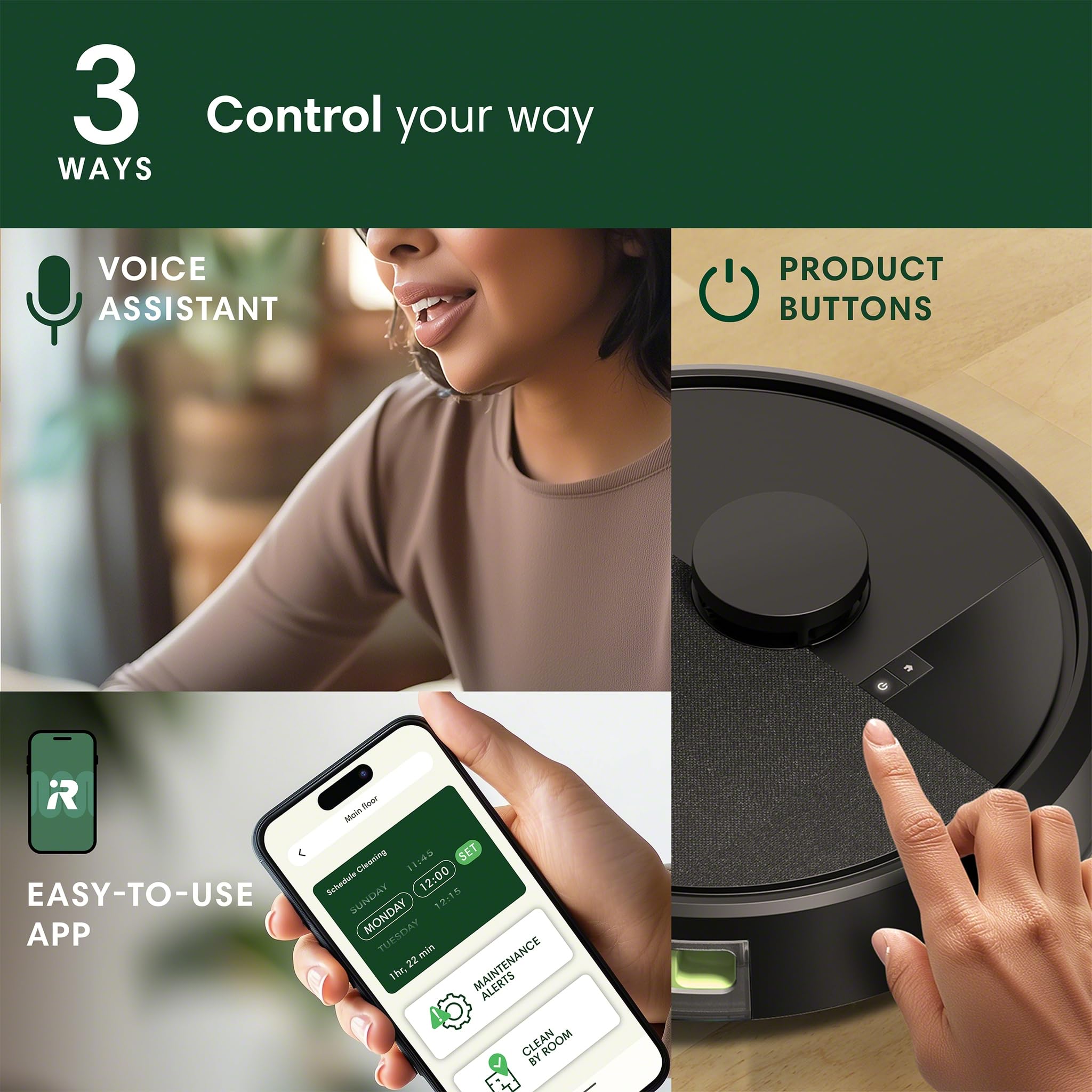 iRobot Roomba 105 operating in a modern living room highlighting quiet, automated cleaning