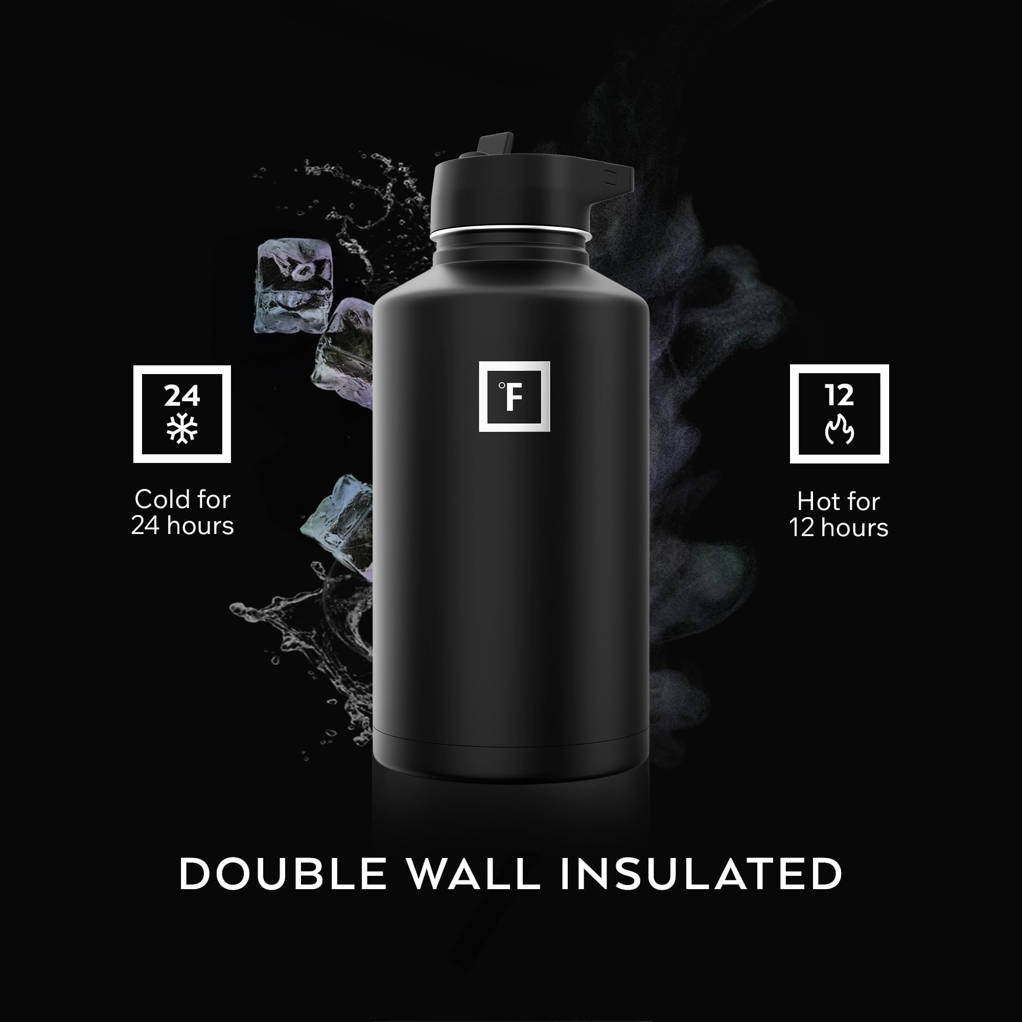 IRON °FLASK clipped to backpack with carabiner for hands-free portability