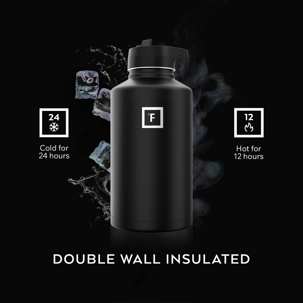 IRON °FLASK clipped to backpack with carabiner for hands-free portability