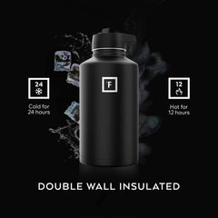 IRON °FLASK clipped to backpack with carabiner for hands-free portability