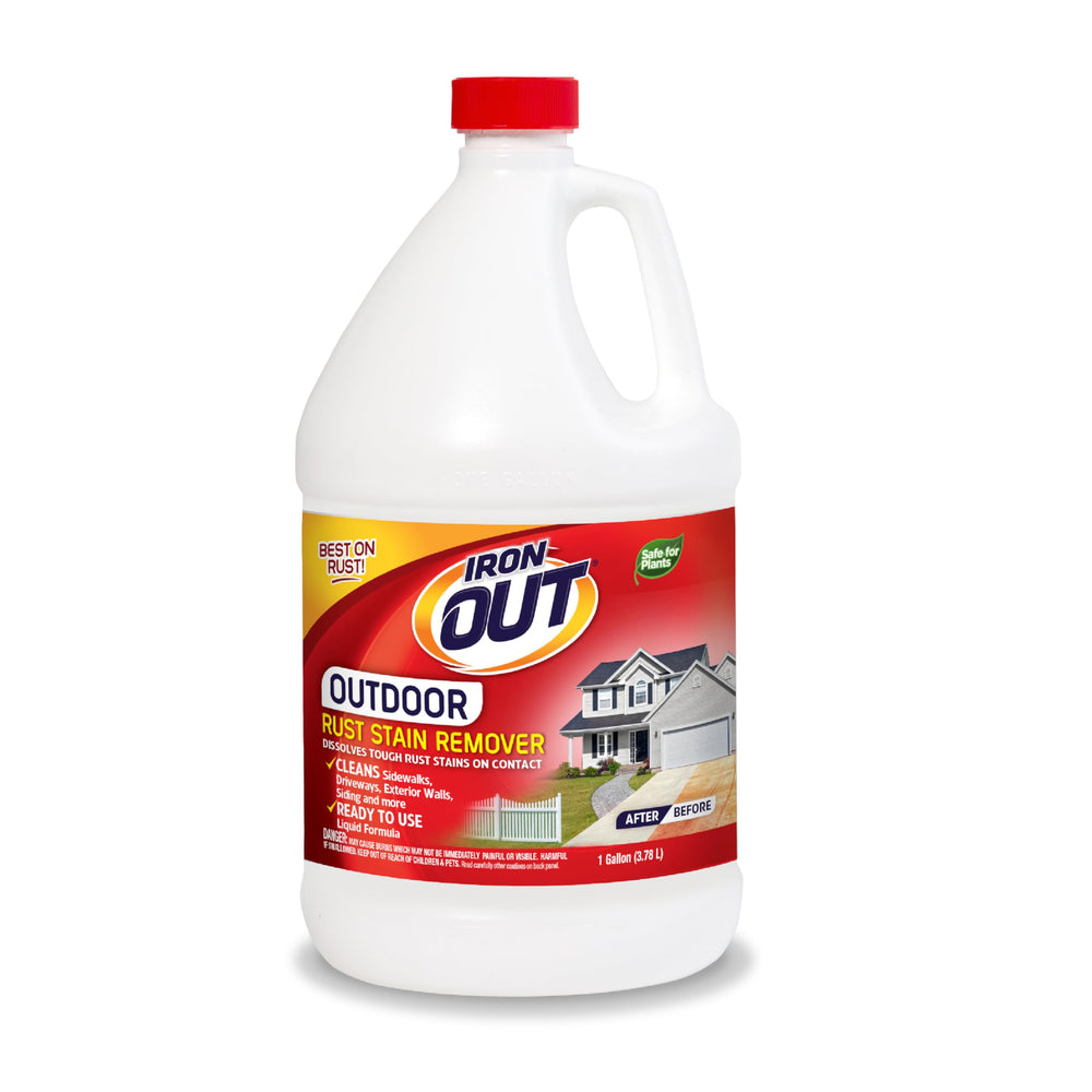 IRON OUT outdoor gallon bottle front view shows ready-to-use rust remover benefit