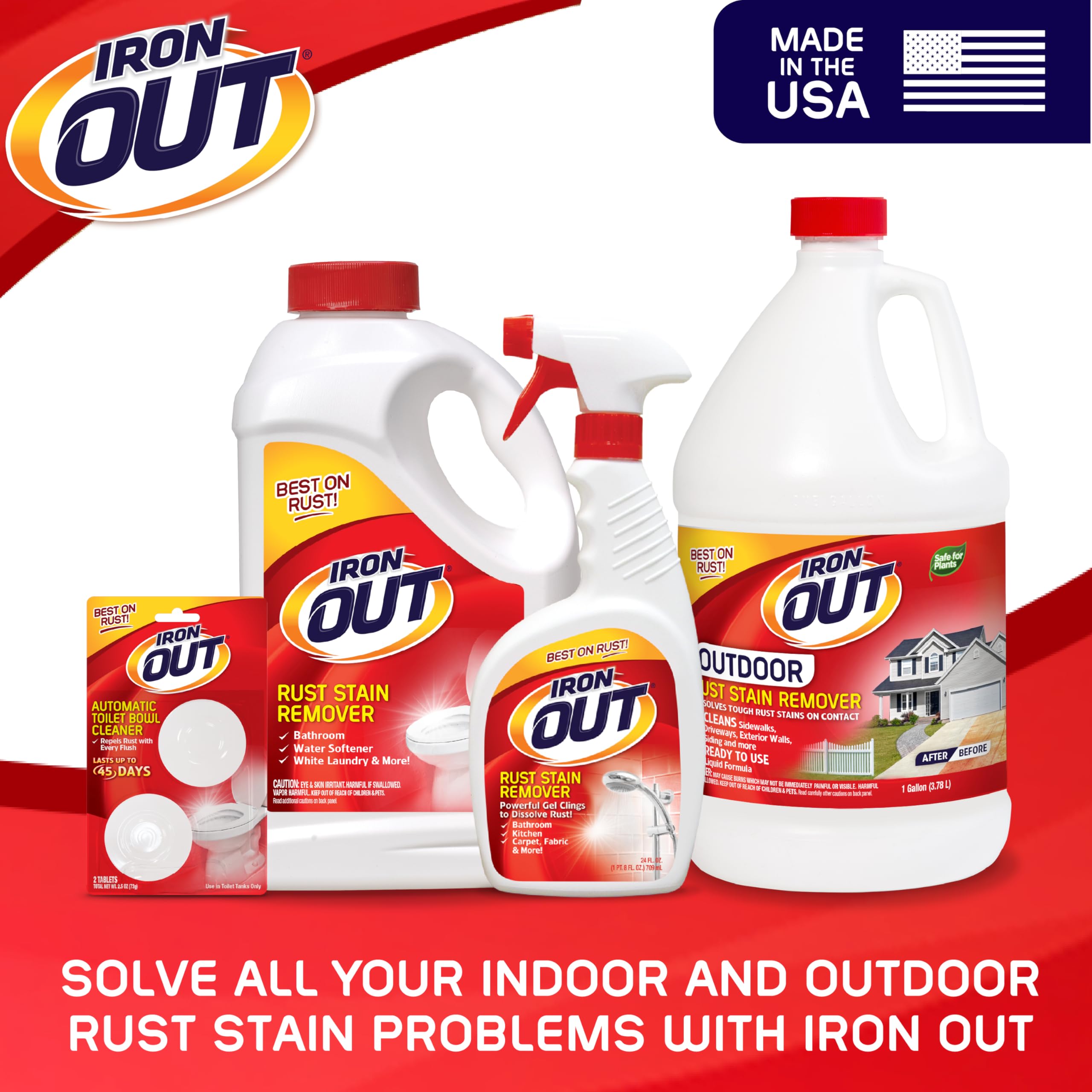 IRON OUT outdoor in a backyard scene showing clean patio and easy outdoor maintenance benefit