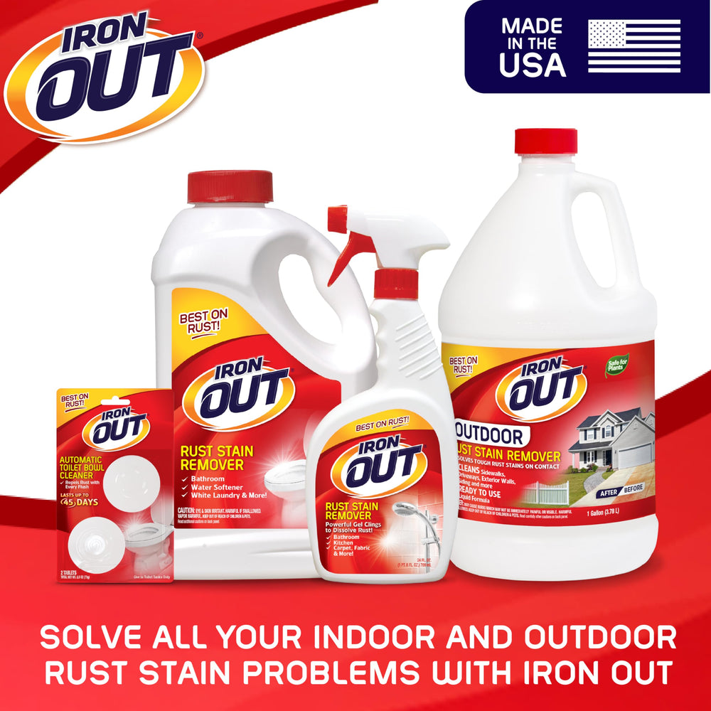 IRON OUT outdoor in a backyard scene showing clean patio and easy outdoor maintenance benefit