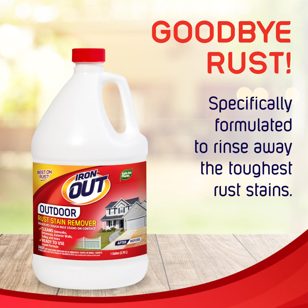 IRON OUT outdoor being sprayed on a rust-stained driveway for fast removal benefit