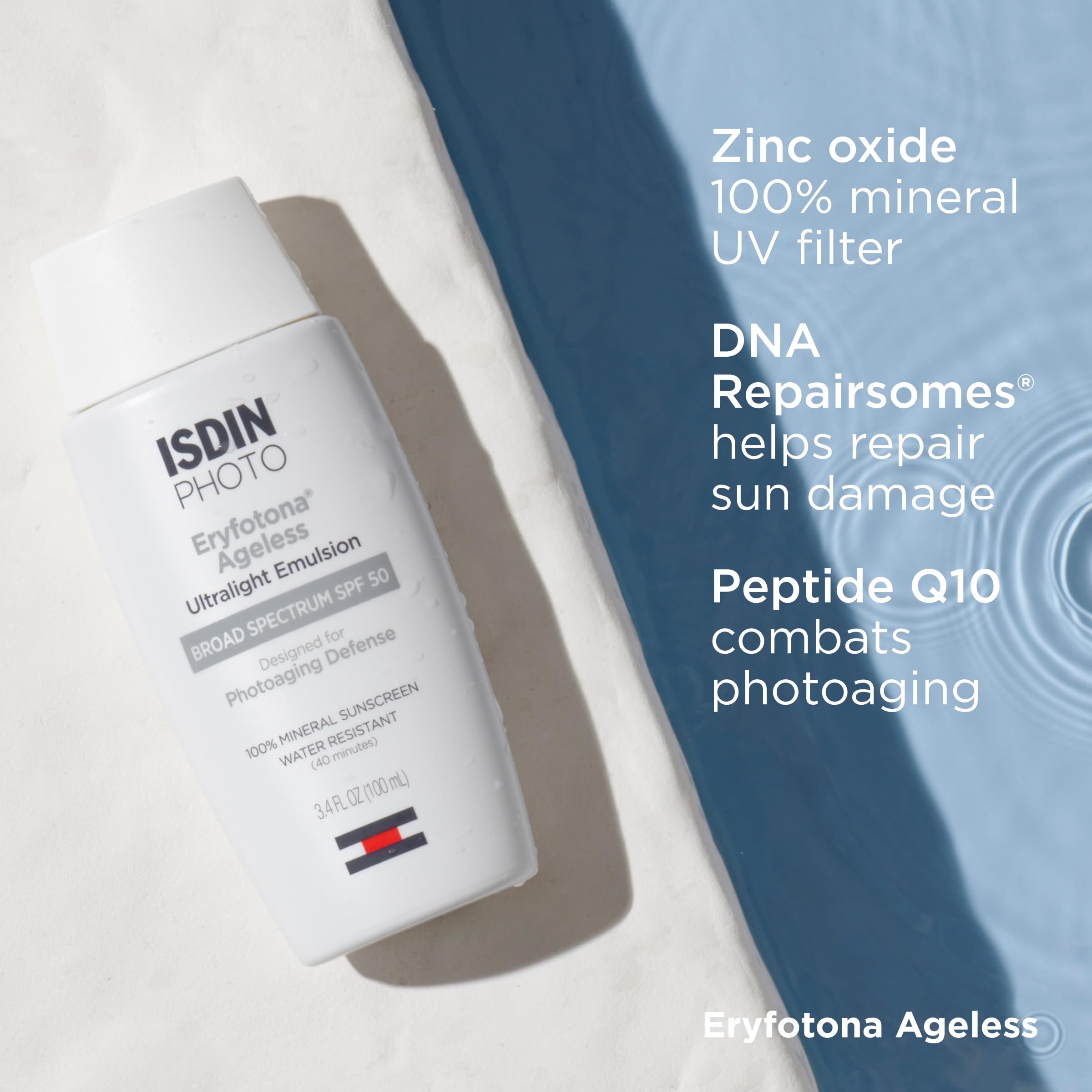 ISDIN tube next to common items showing 3.4 fl oz size