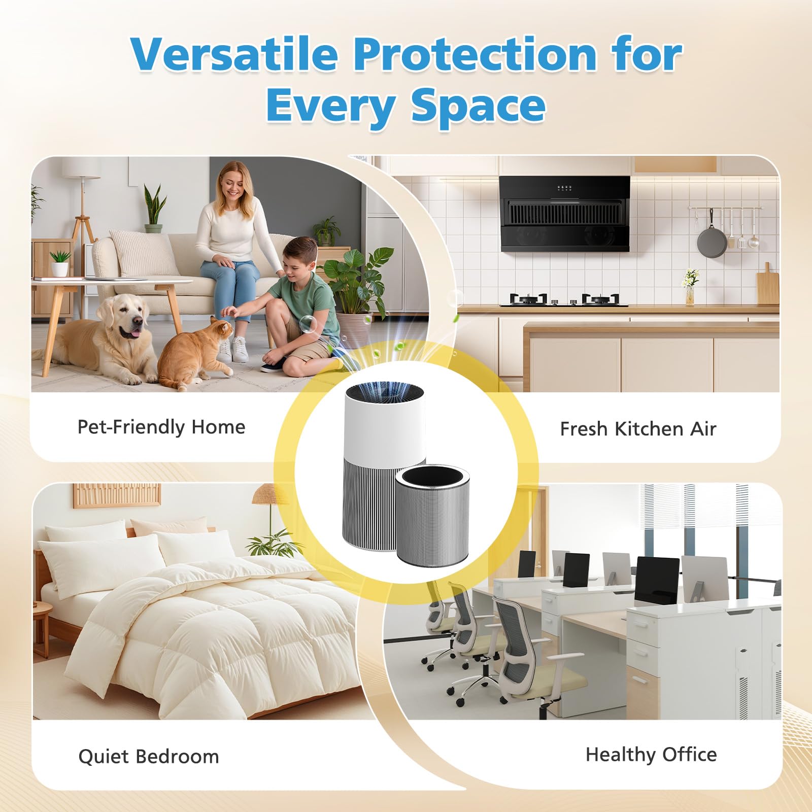 iSingo lifestyle bedroom scene with purifier showing cleaner air ambiance benefit