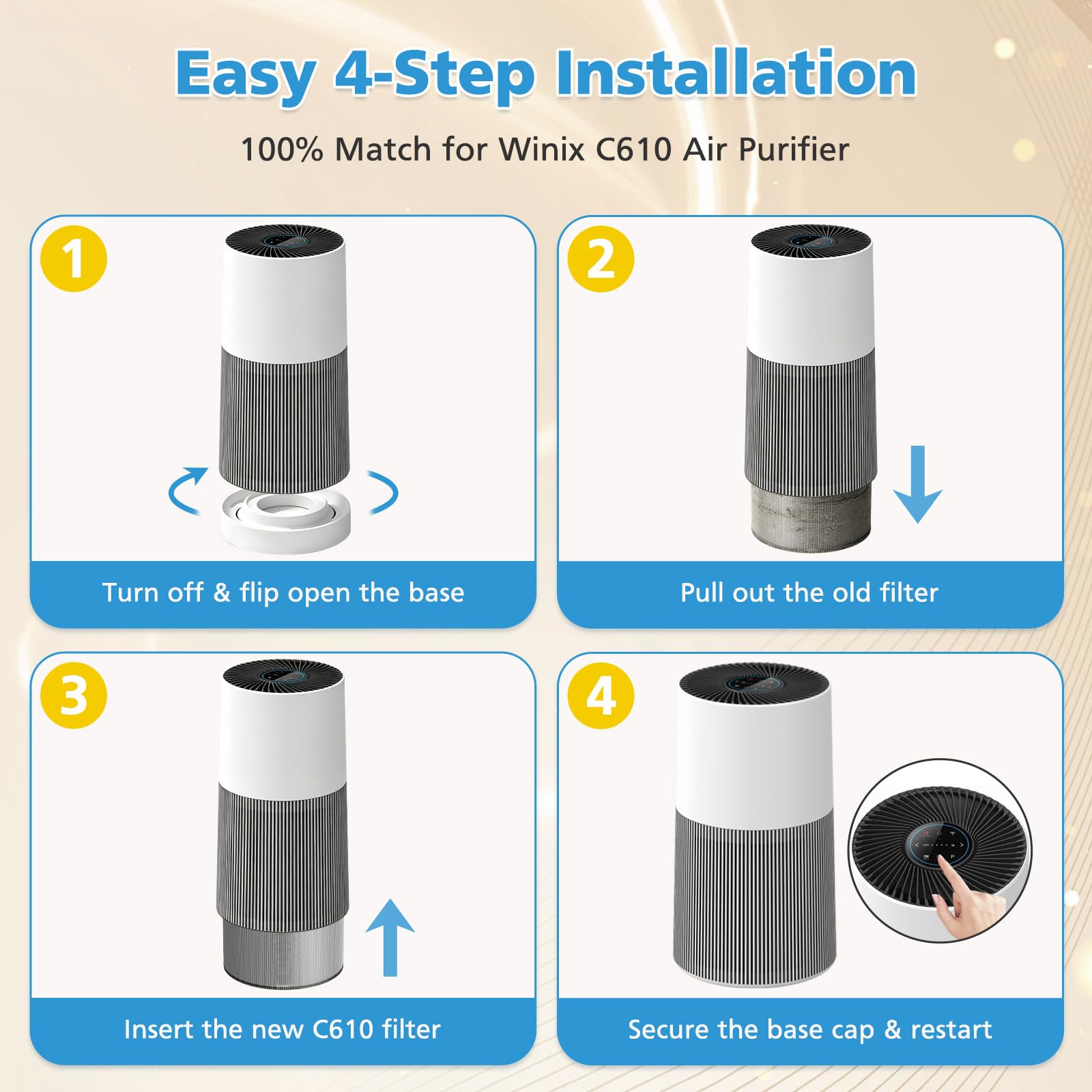 iSingo hands installing filter into purifier showing tool-free swap for quick maintenance benefit