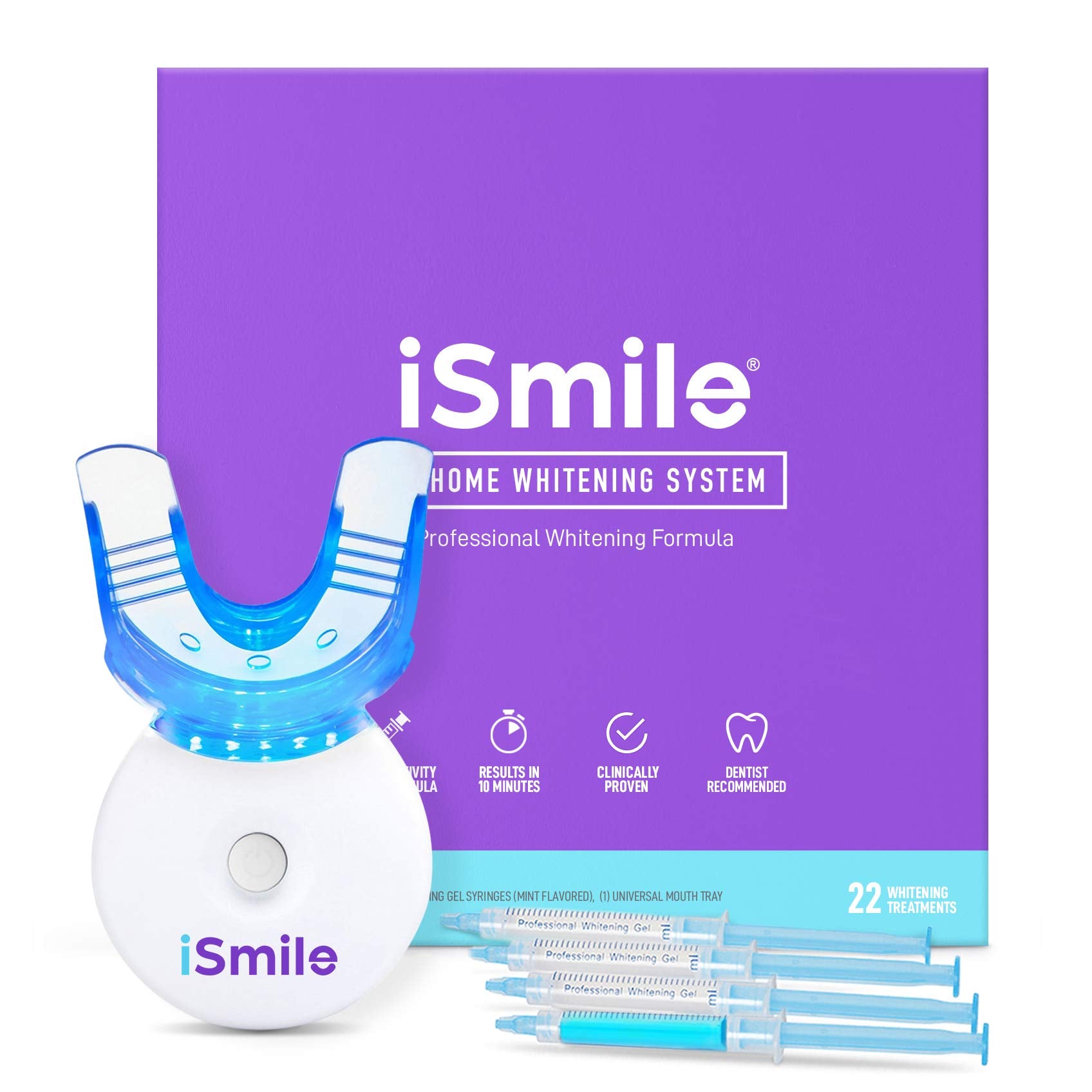 iSmile full kit flatlay showing gel, tray, light and user manual
