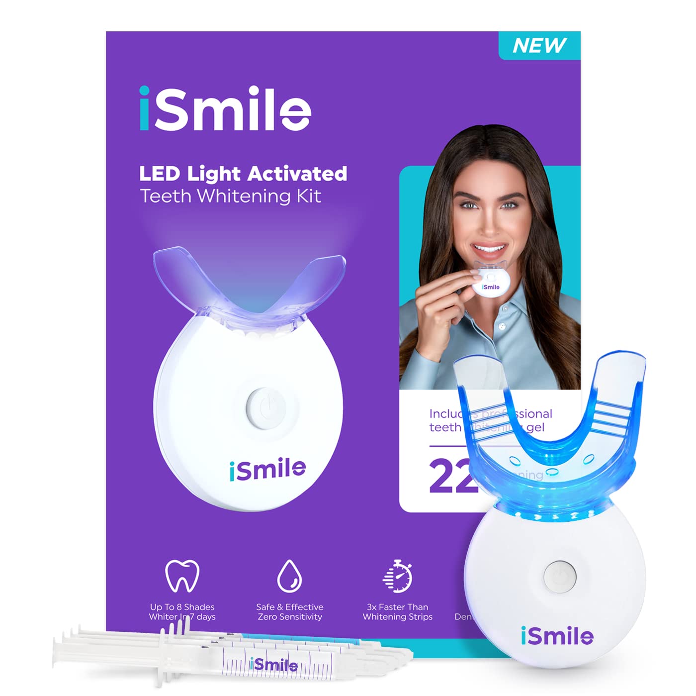 iSmile tray with LED activated in mouth for quicker stain removal