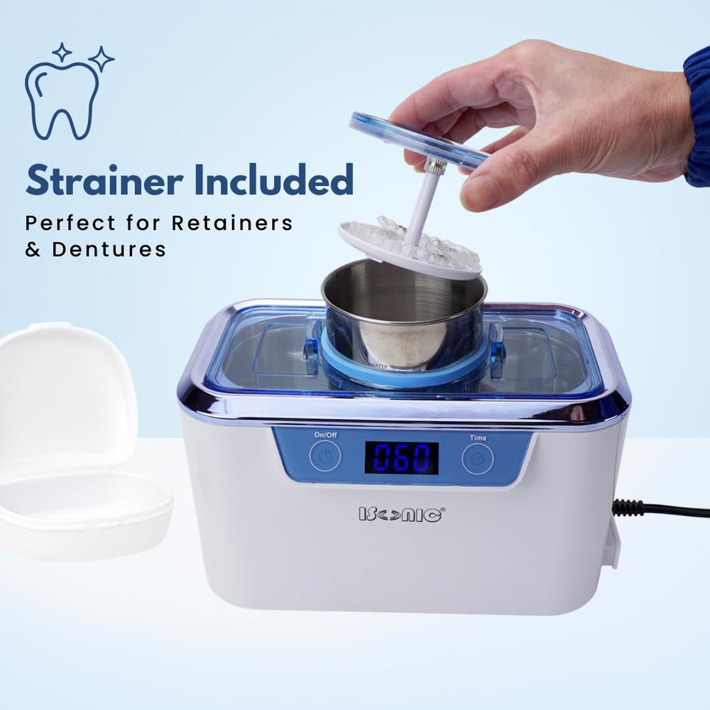 iSonic DS310 stainless steel beaker holding jewelry for safer small-item cleaning