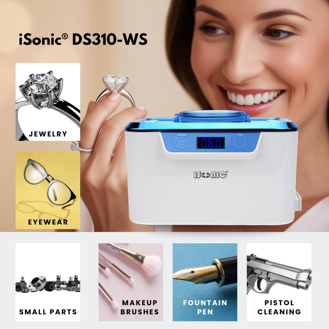 iSonic DS310 in use cleaning eyeglasses demonstrating effective residue removal