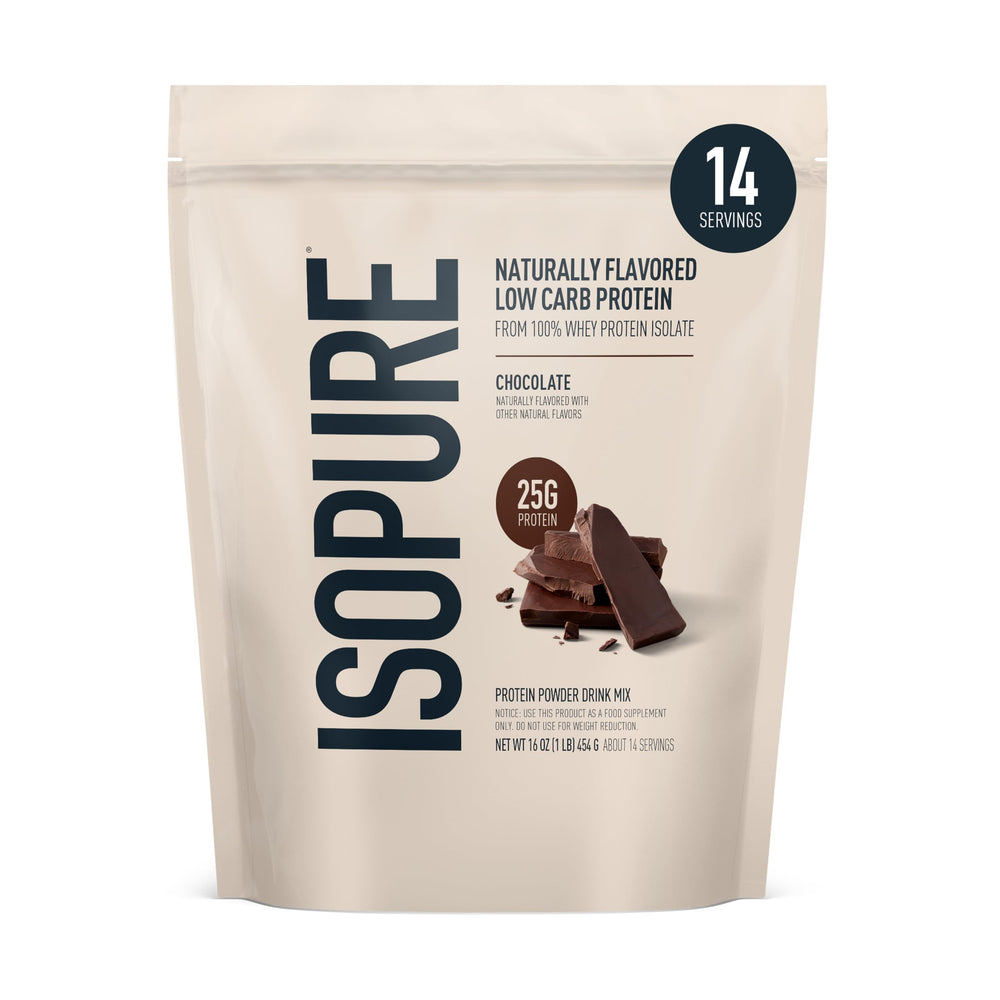 Isopure front packaging showing dark chocolate flavor and protein benefit