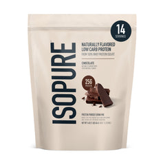 Isopure front packaging showing dark chocolate flavor and protein benefit