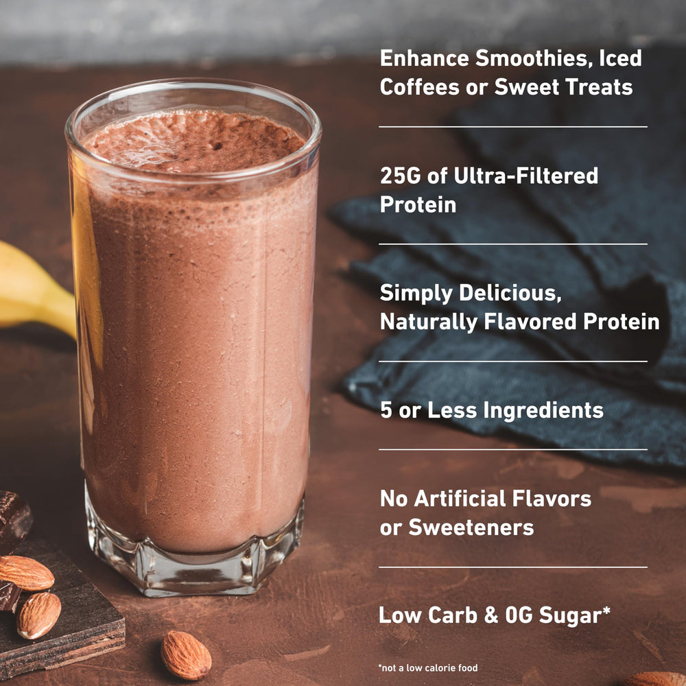 Isopure mixed shake in glass showing smooth chocolate taste and satiety