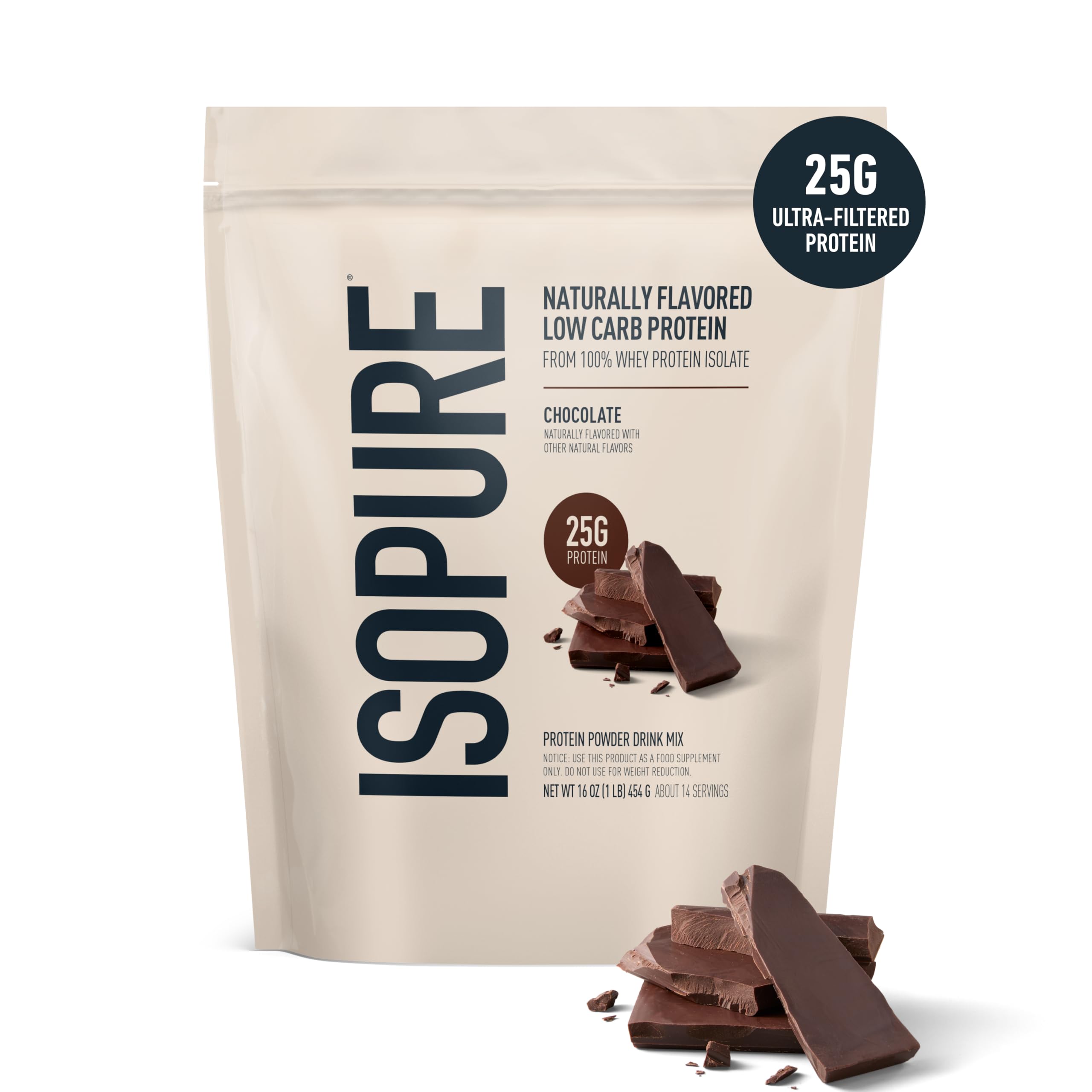 Isopure open bag of powder displaying texture and clean ingredient appeal