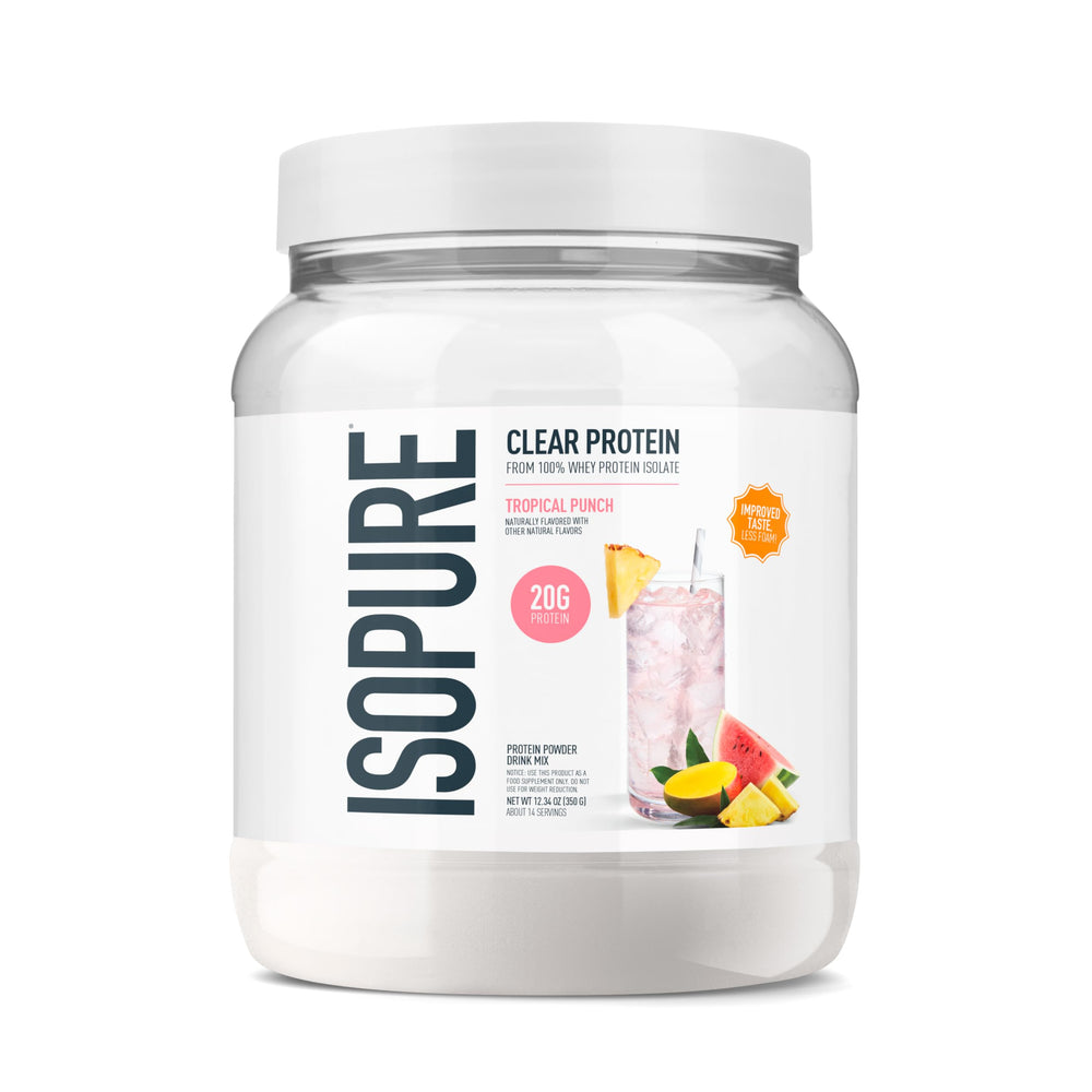 Isopure front package showing Tropical Punch benefits and clean formula
