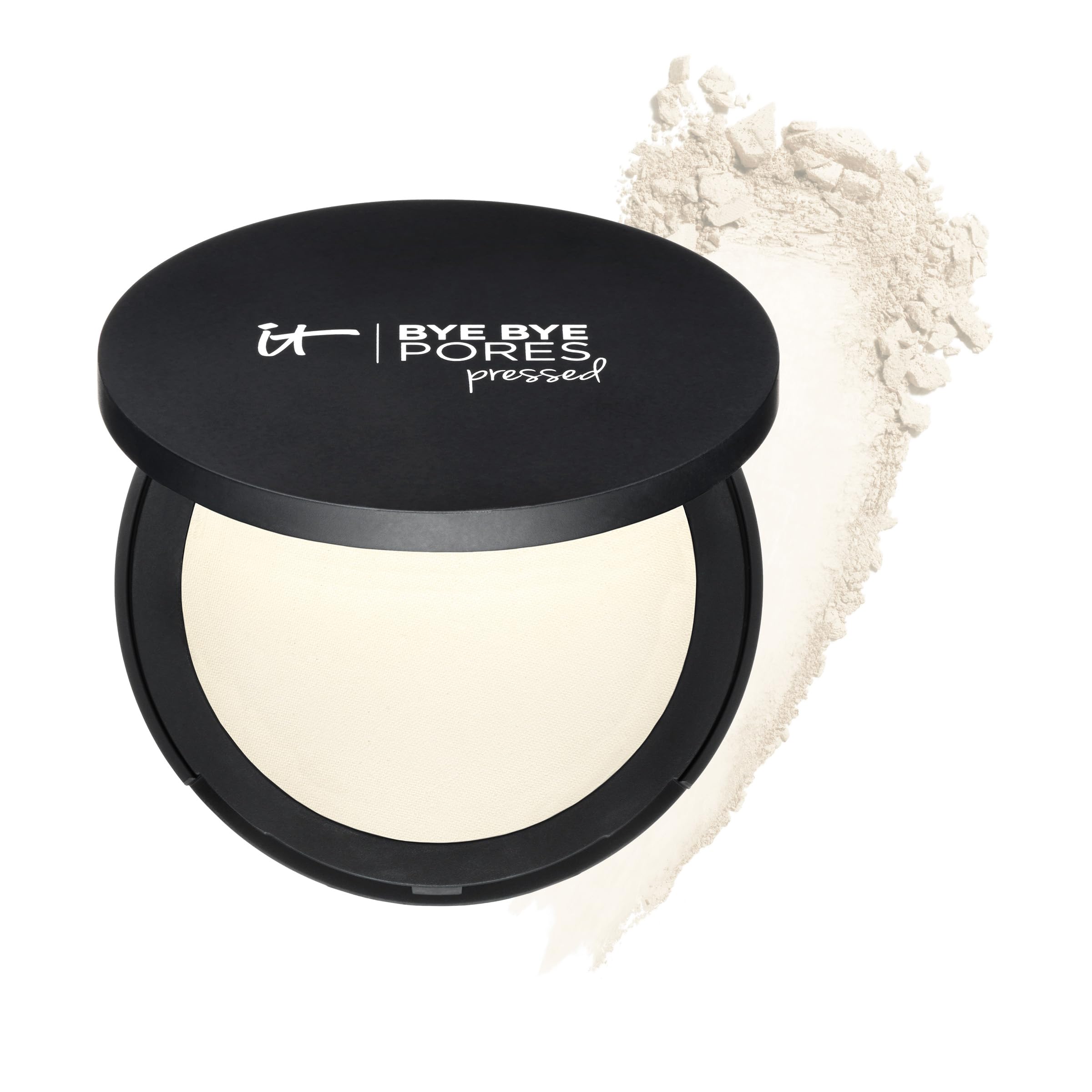 IT Cosmetics compact front view showing translucent pressed powder and closed lid benefits
