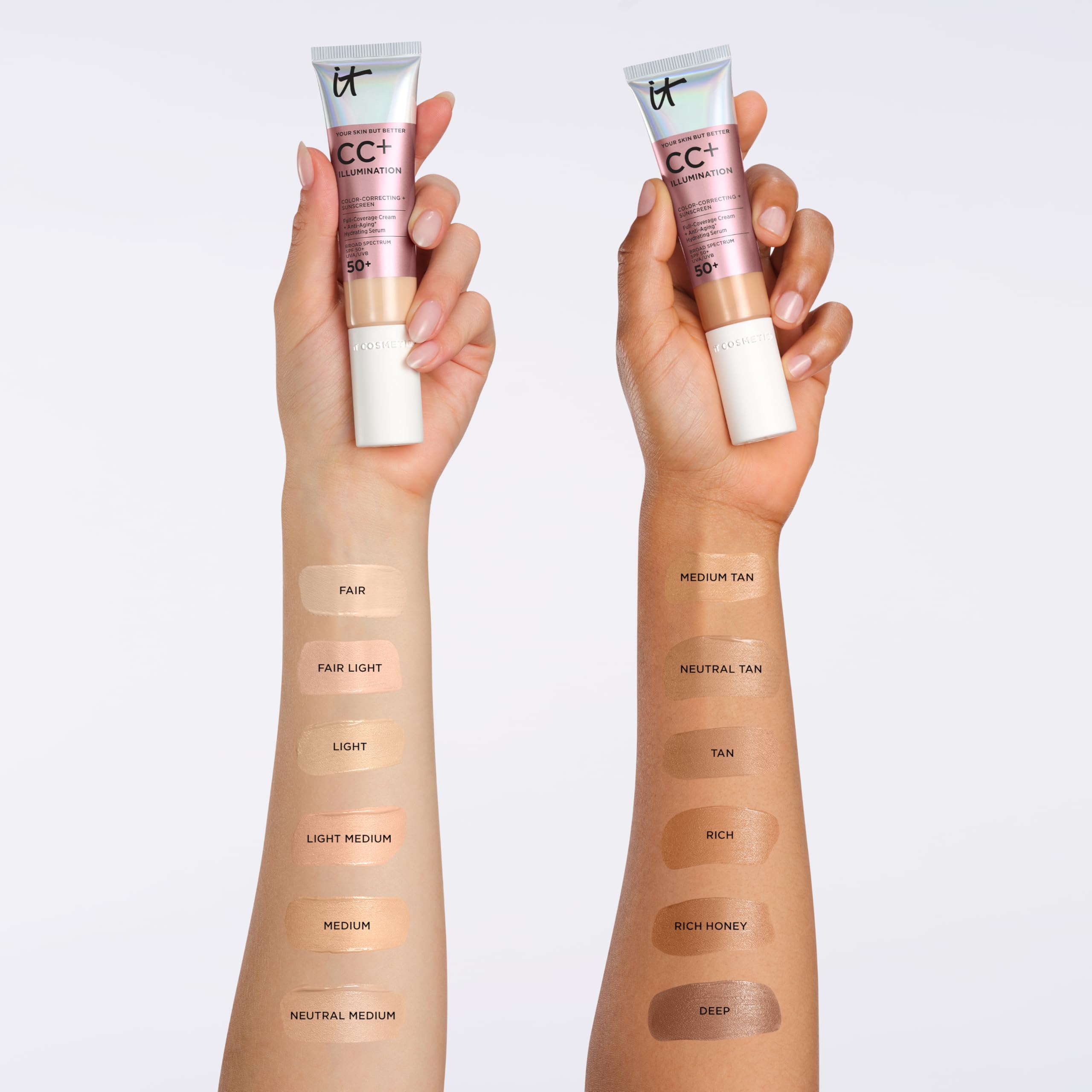 IT Cosmetics Fair Light swatch illustrating shade match and natural glow