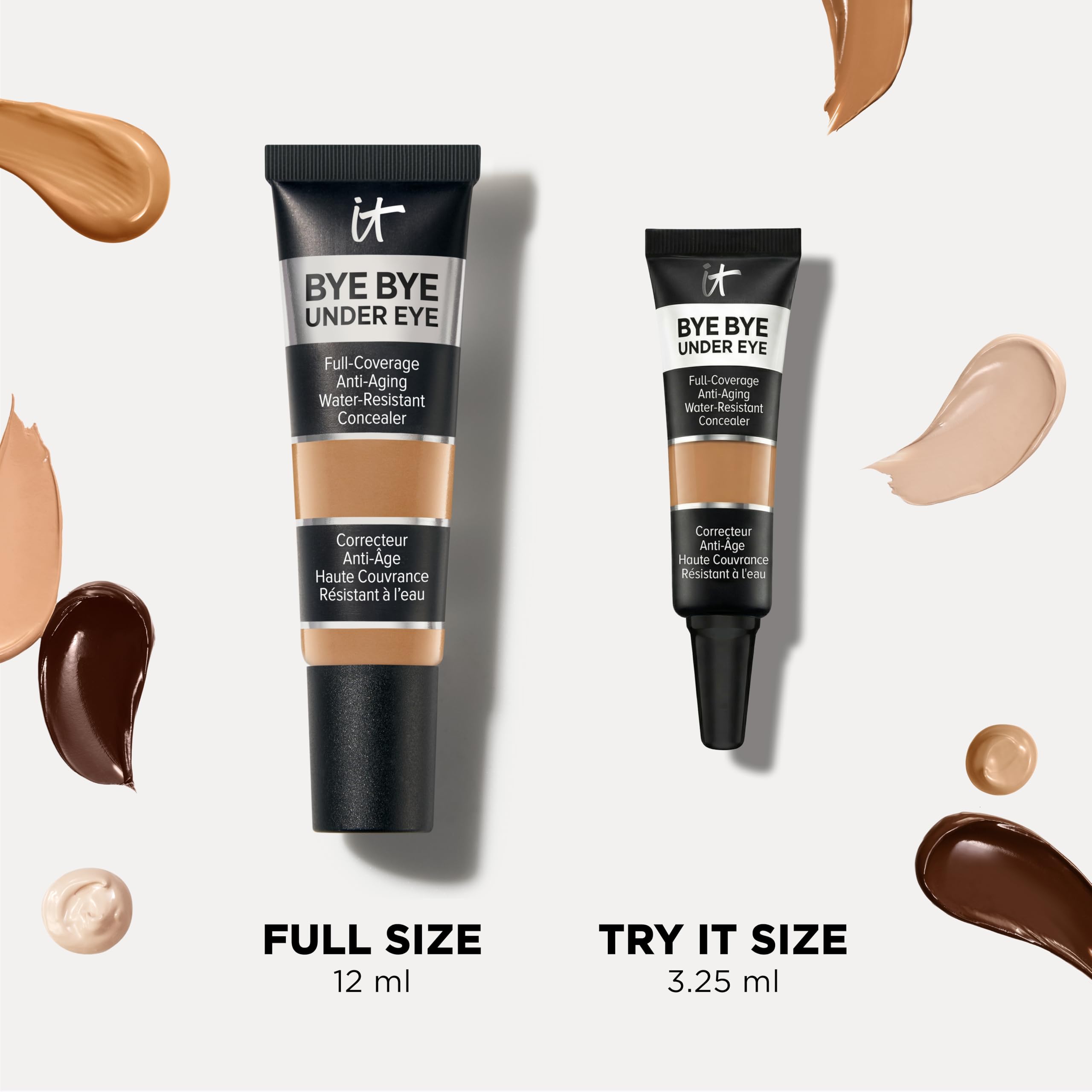 IT Cosmetics on bathroom vanity styled with mirror and brush showing daily routine ease