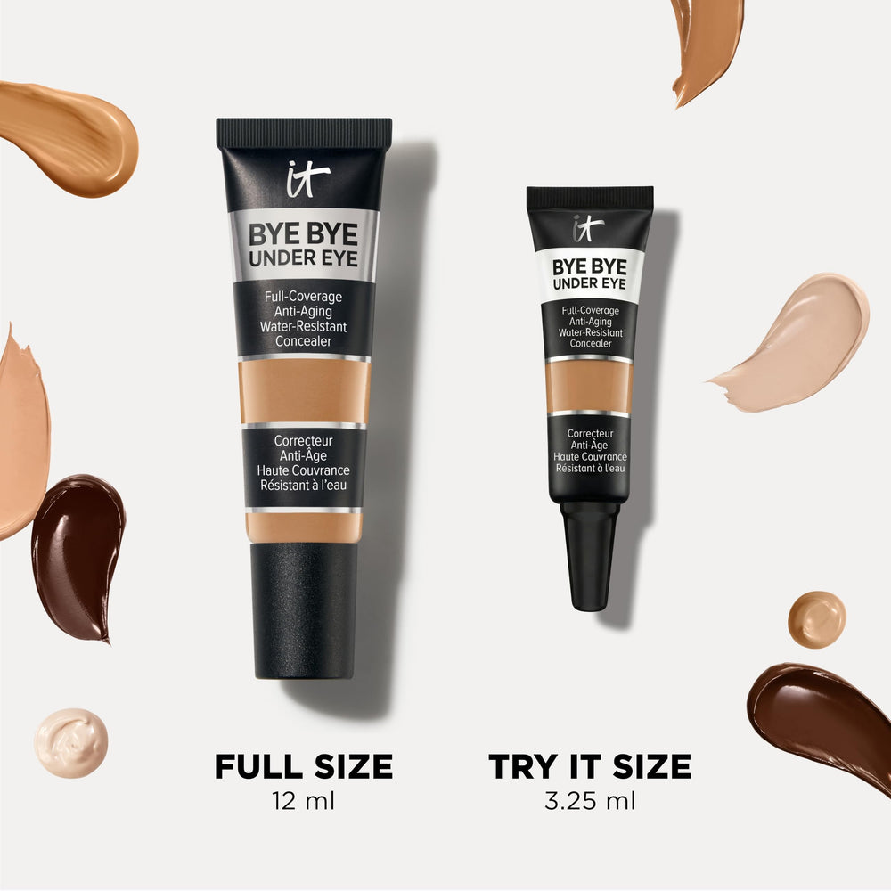 IT Cosmetics on bathroom vanity styled with mirror and brush showing daily routine ease