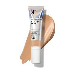 IT Cosmetics CC+ Cream front pump shot showing neutral tan shade and sleek packaging for convenience