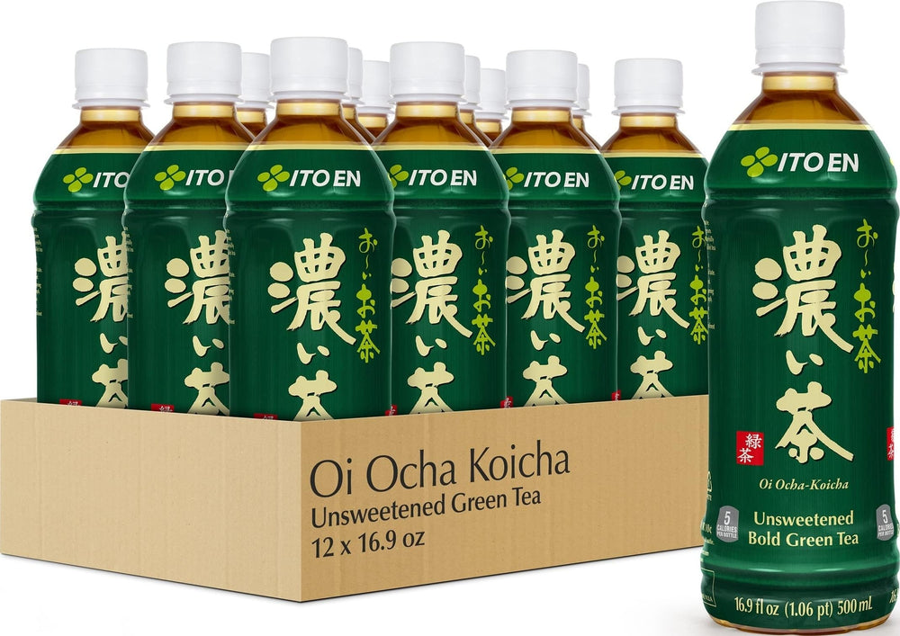 ITO EN bottle front view showing bold green tea and easy-grip design benefit