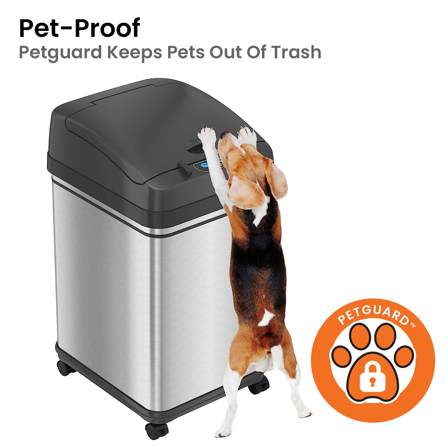 iTouchless PetGuard lid lock close-up showing secure pet-proof protection benefit