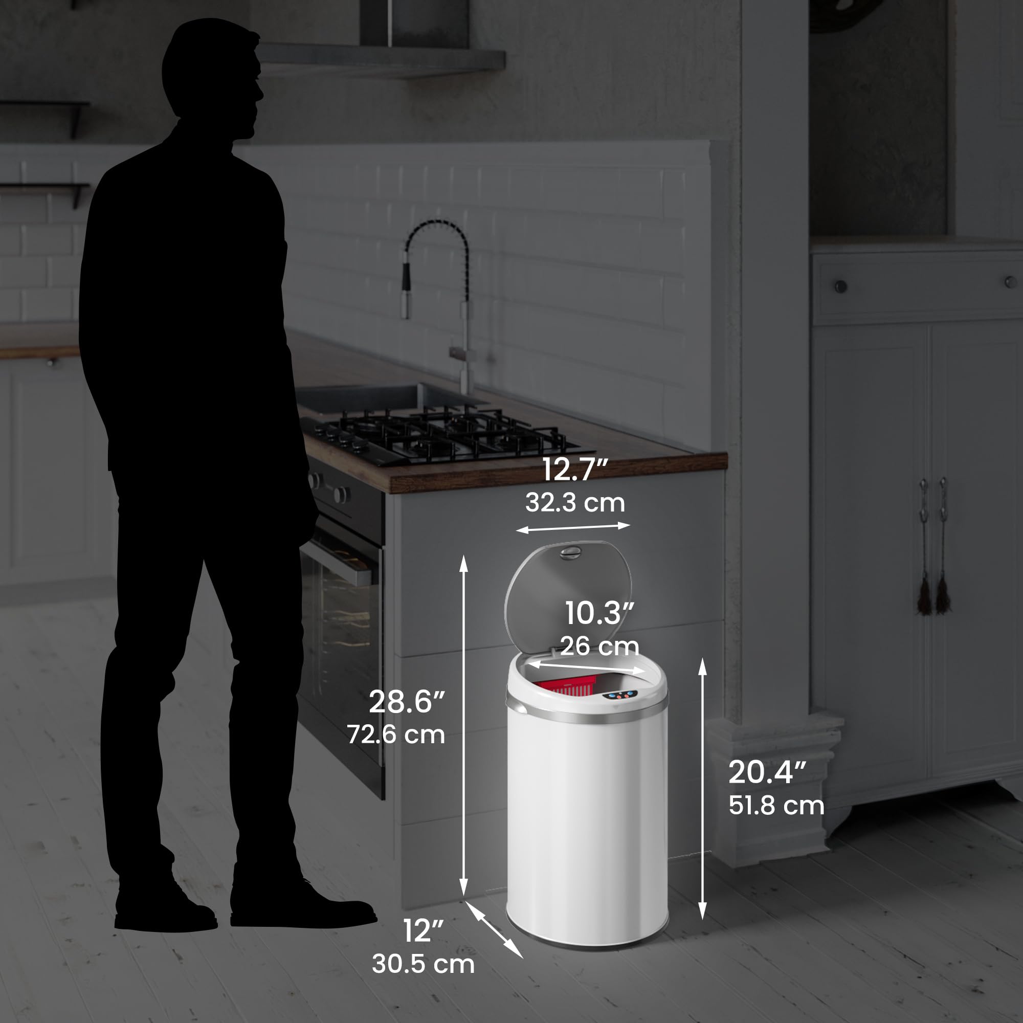 iTouchless next to chair shows scale and ideal 8-gallon capacity