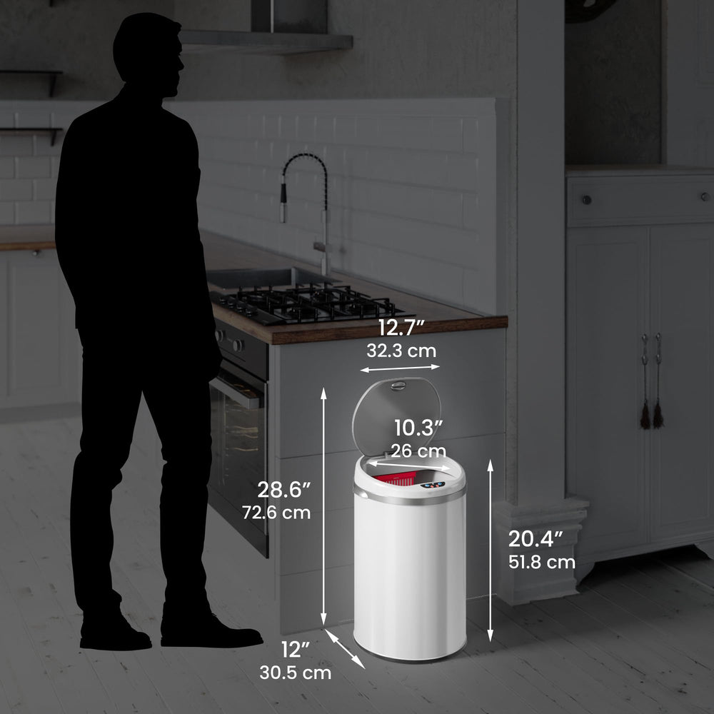 iTouchless next to chair shows scale and ideal 8-gallon capacity