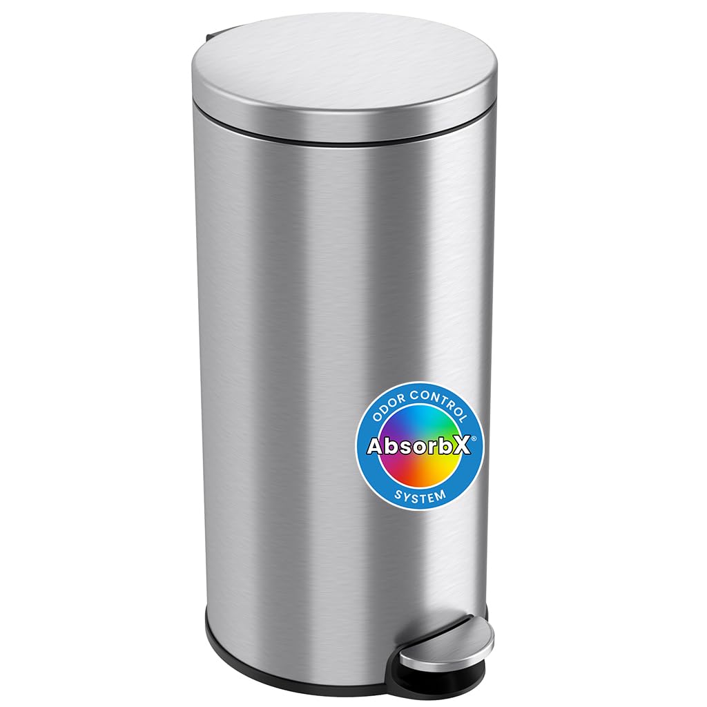 iTouchless SoftStep front view stainless steel showing clean smudge-resistant finish and modern look