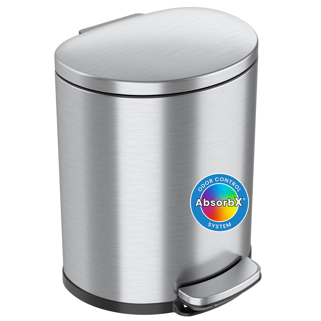 iTouchless SoftStep front view showing sleek stainless steel and compact shape providing neat placement