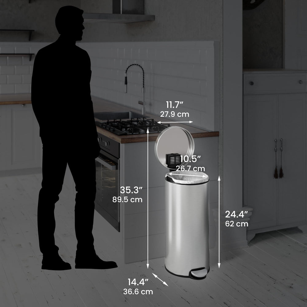 iTouchless SoftStep in kitchen lifestyle scene providing hands-free disposal convenience
