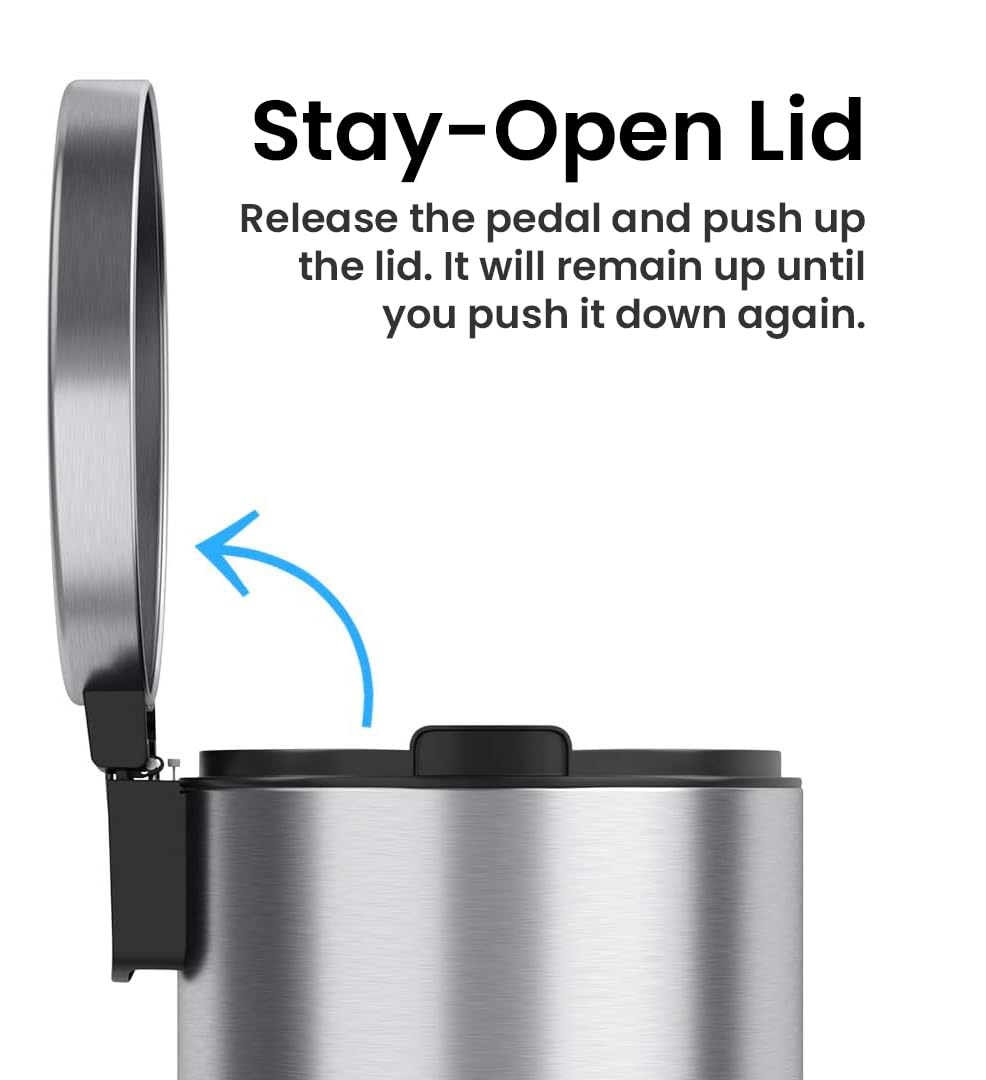 iTouchless SoftStep beside kitchen counter showing compact 8 gallon size for tight spaces
