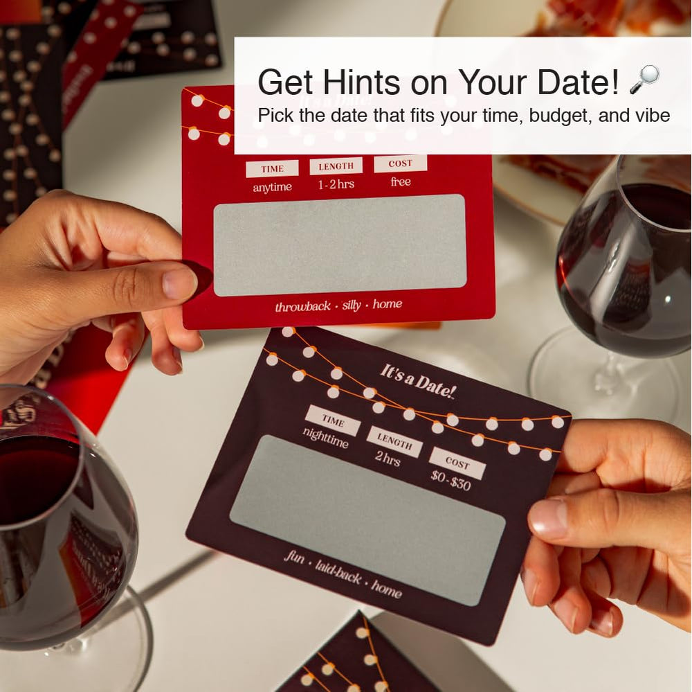 It's a Date! hand scratching a card, revealing a surprise date idea and excitement