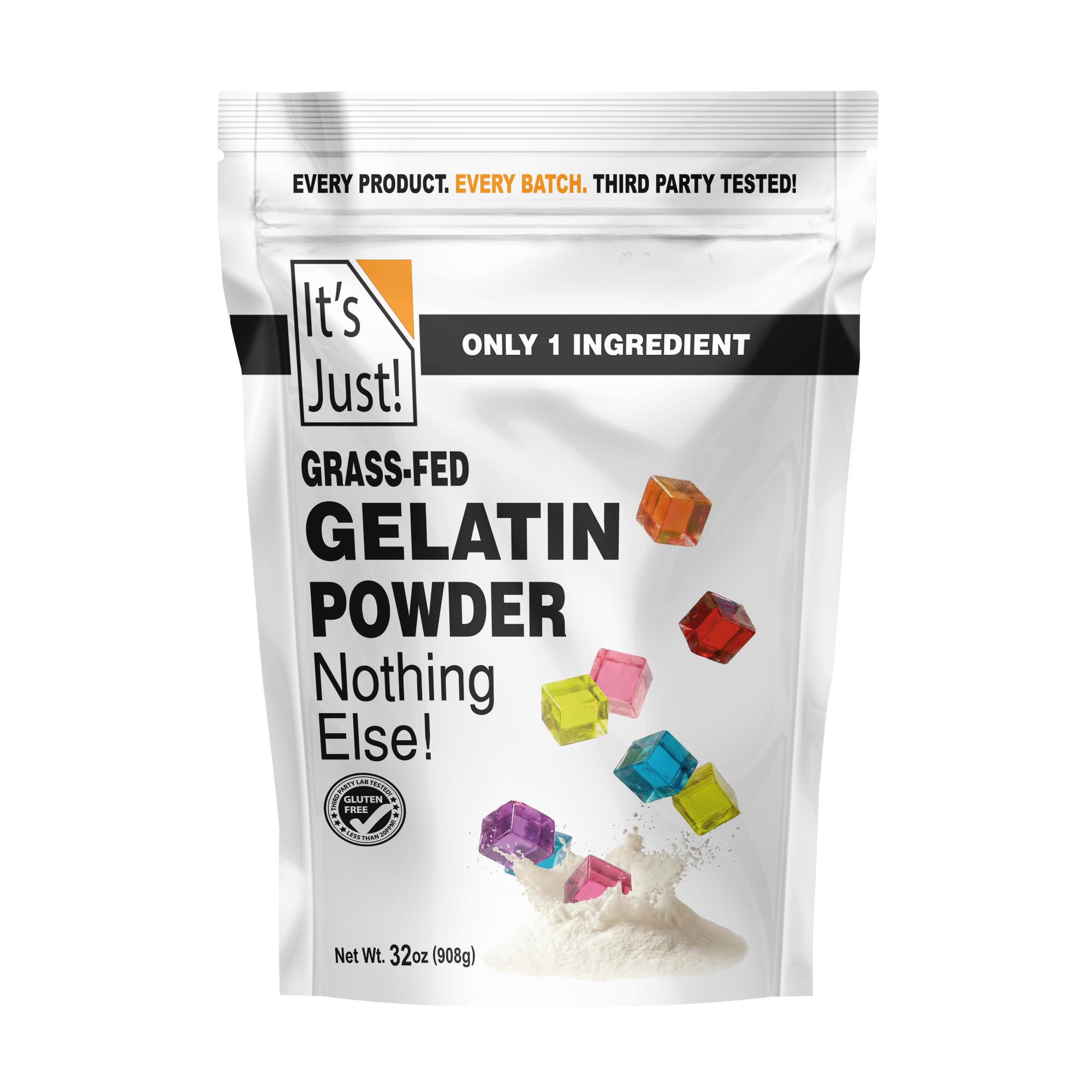 It's Just! front package showing 2lb unflavored gelatin, convenient pantry staple benefit