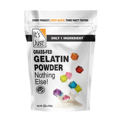 It's Just! front package showing 2lb unflavored gelatin, convenient pantry staple benefit