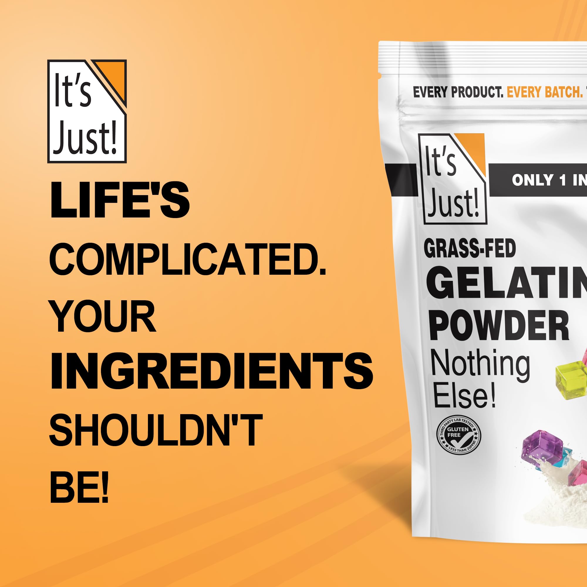 It's Just! gelatin stored in airtight container, keeps powder dry and preserves strength benefit