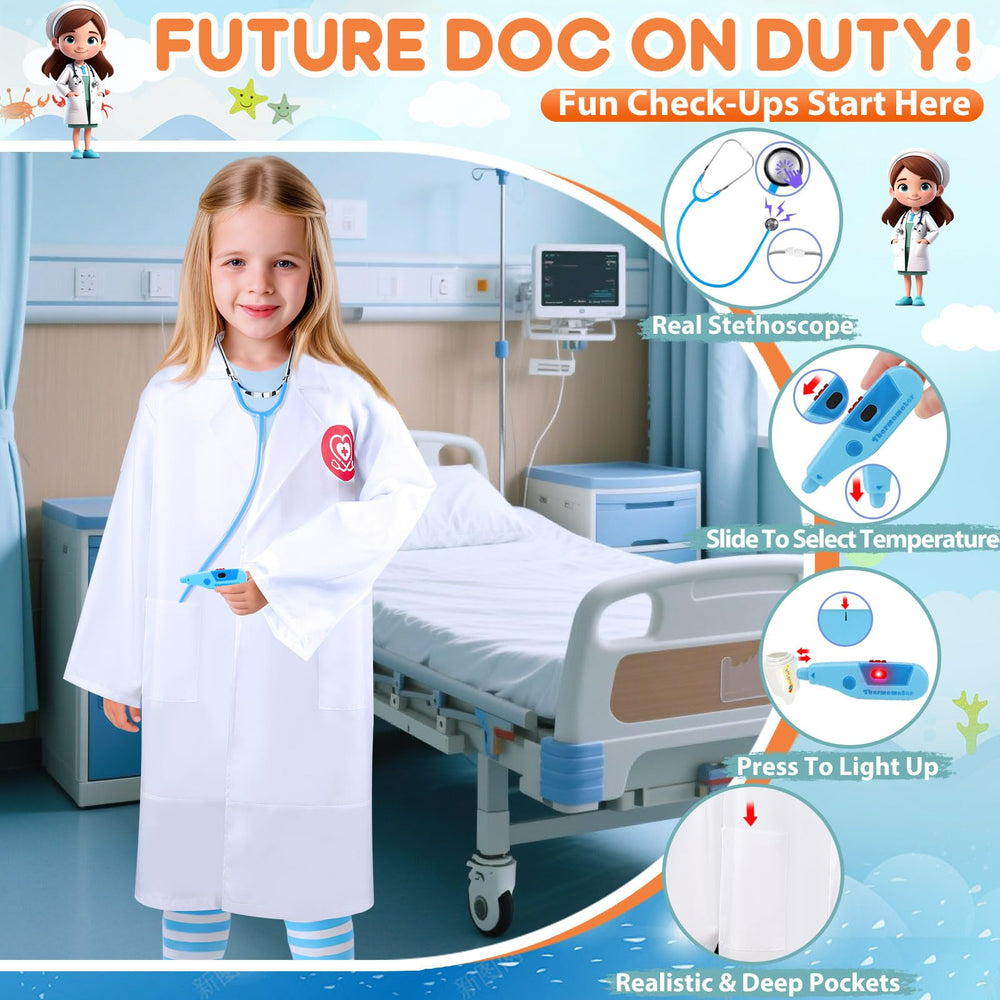 IVENRXIU doctor accessories close-up showing stethoscope and thermometer for nurturing play