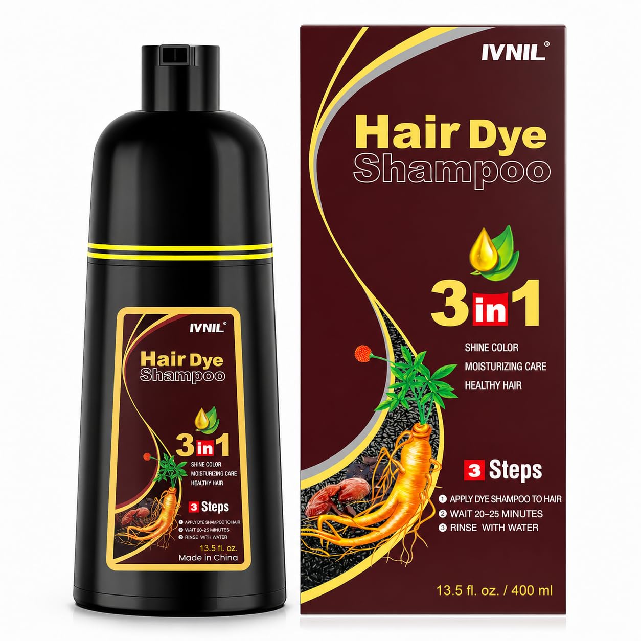 Ivnil front packaging showing dark brown dye shampoo for easy gray coverage