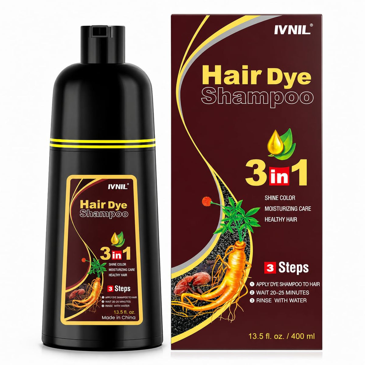 Ivnil front packaging showing dark brown dye shampoo for easy gray coverage
