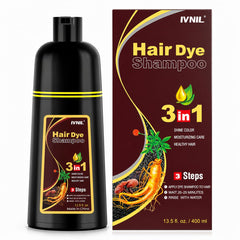 Ivnil front packaging showing dark brown dye shampoo for easy gray coverage