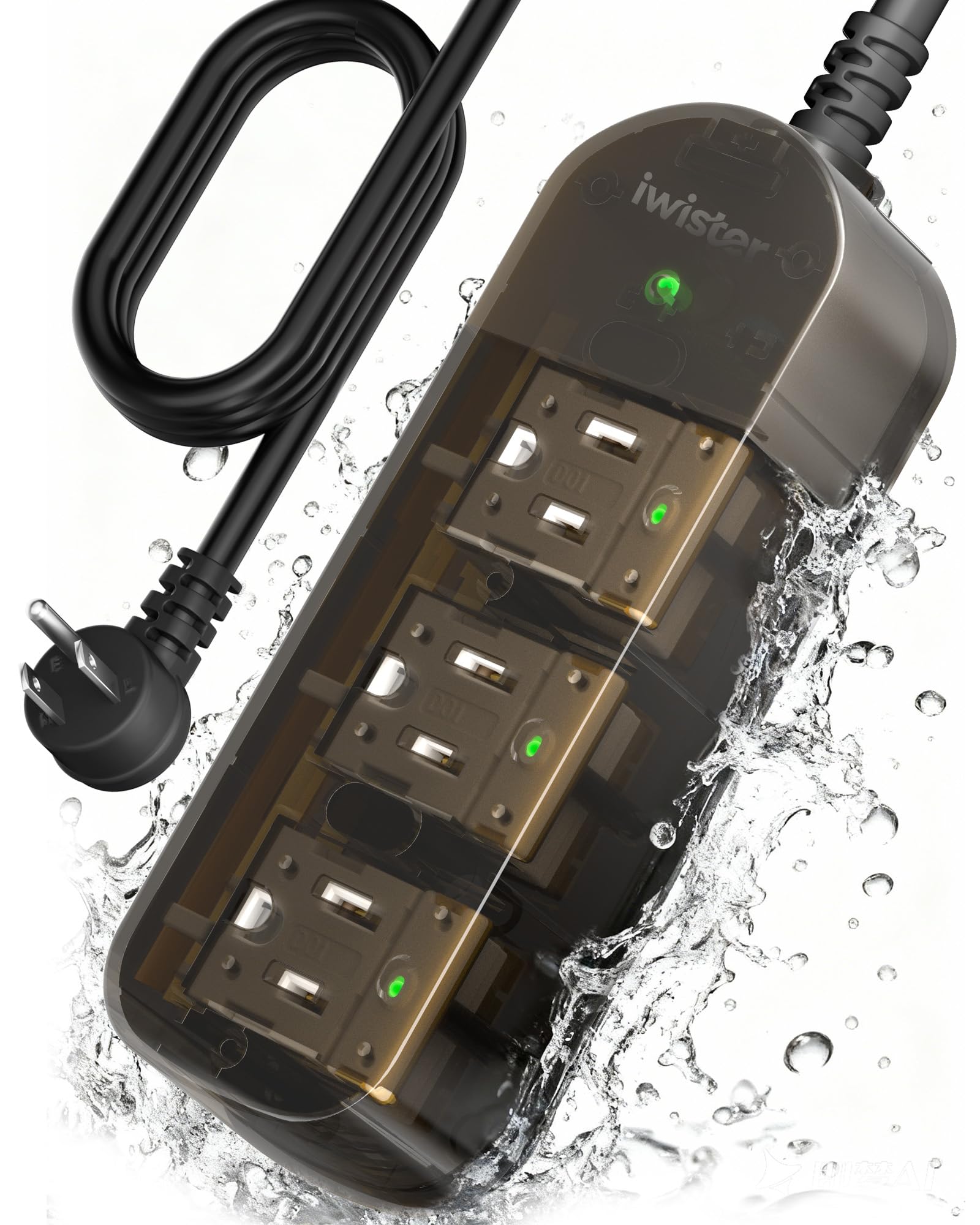 iwister front view showing weatherproof power strip and outlets for safe outdoor use