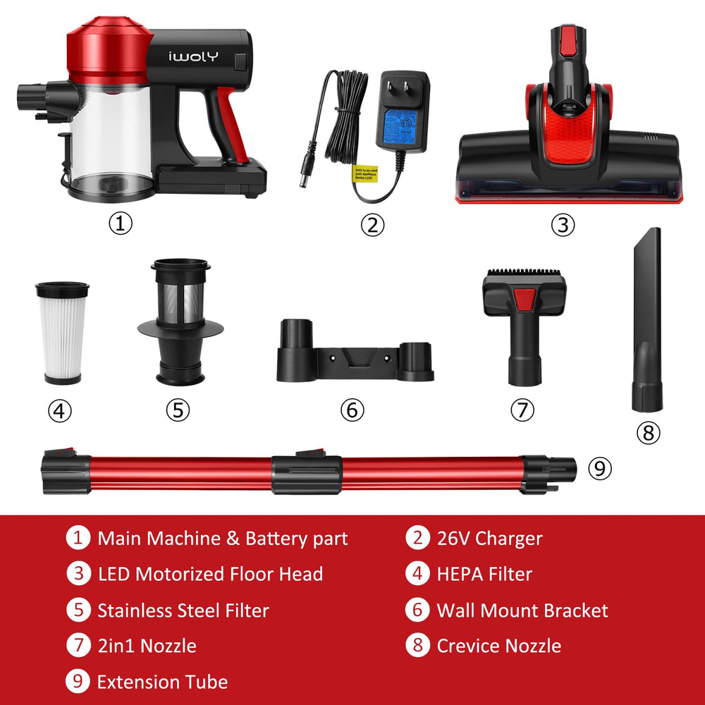 iwoly C150 accessories laid out including crevice tool and brush, versatile cleaning options
