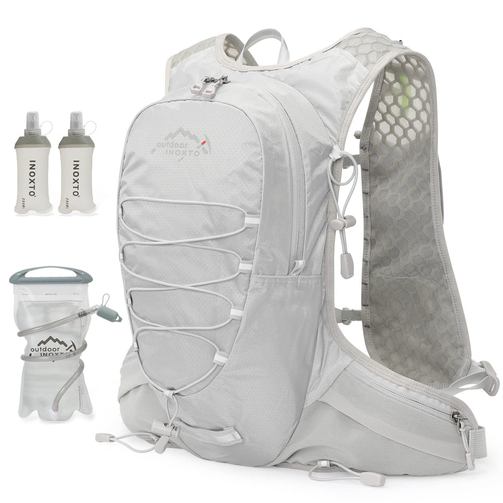 IX INOXTO front view of grey running hydration vest showing slim profile and fit