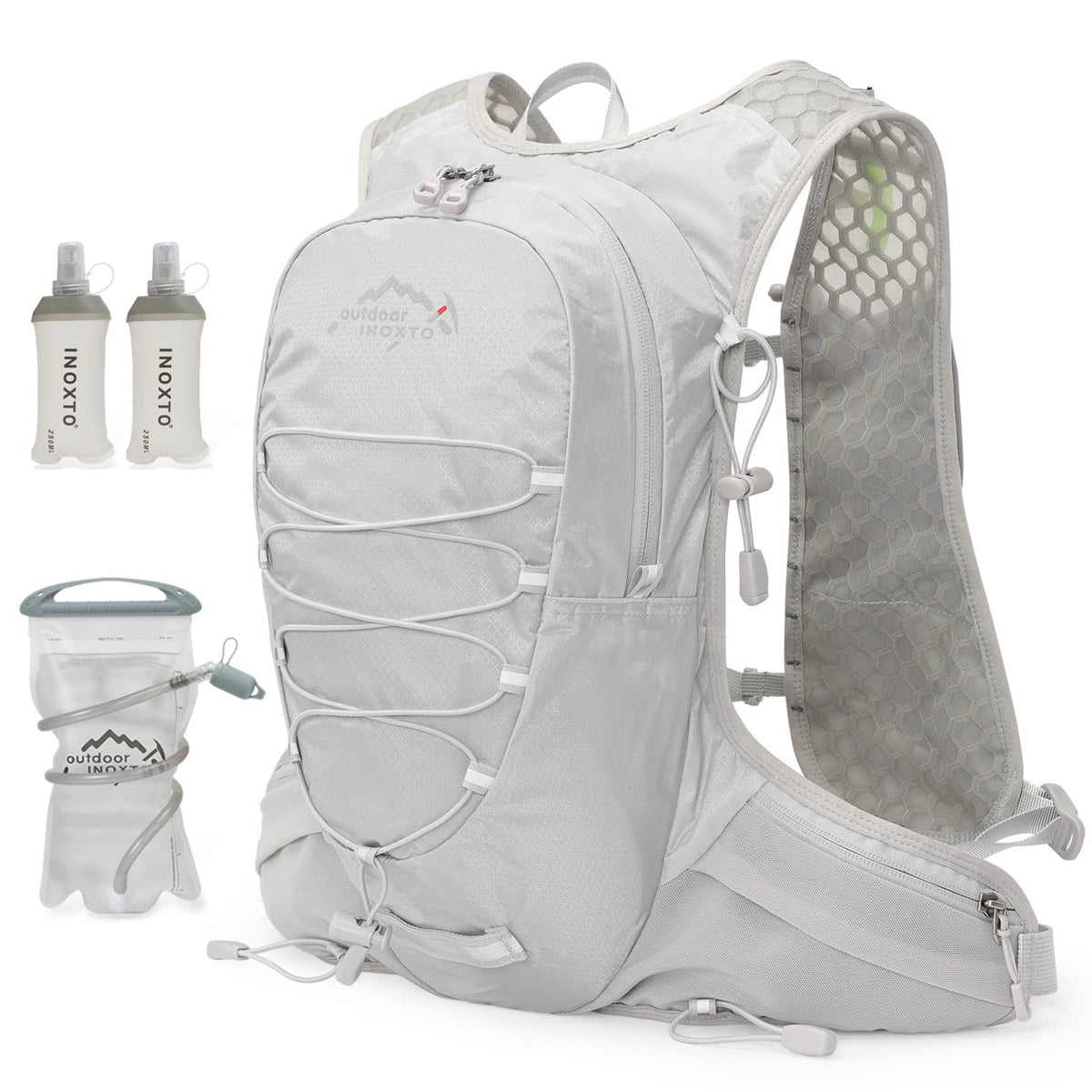 IX INOXTO front view of grey running hydration vest showing slim profile and fit