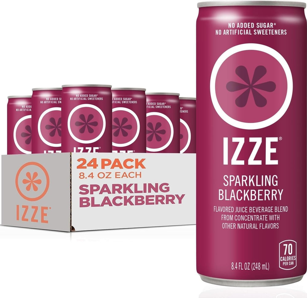 IZZE blackberry front packaging showing vibrant can and brand, highlights real juice benefit