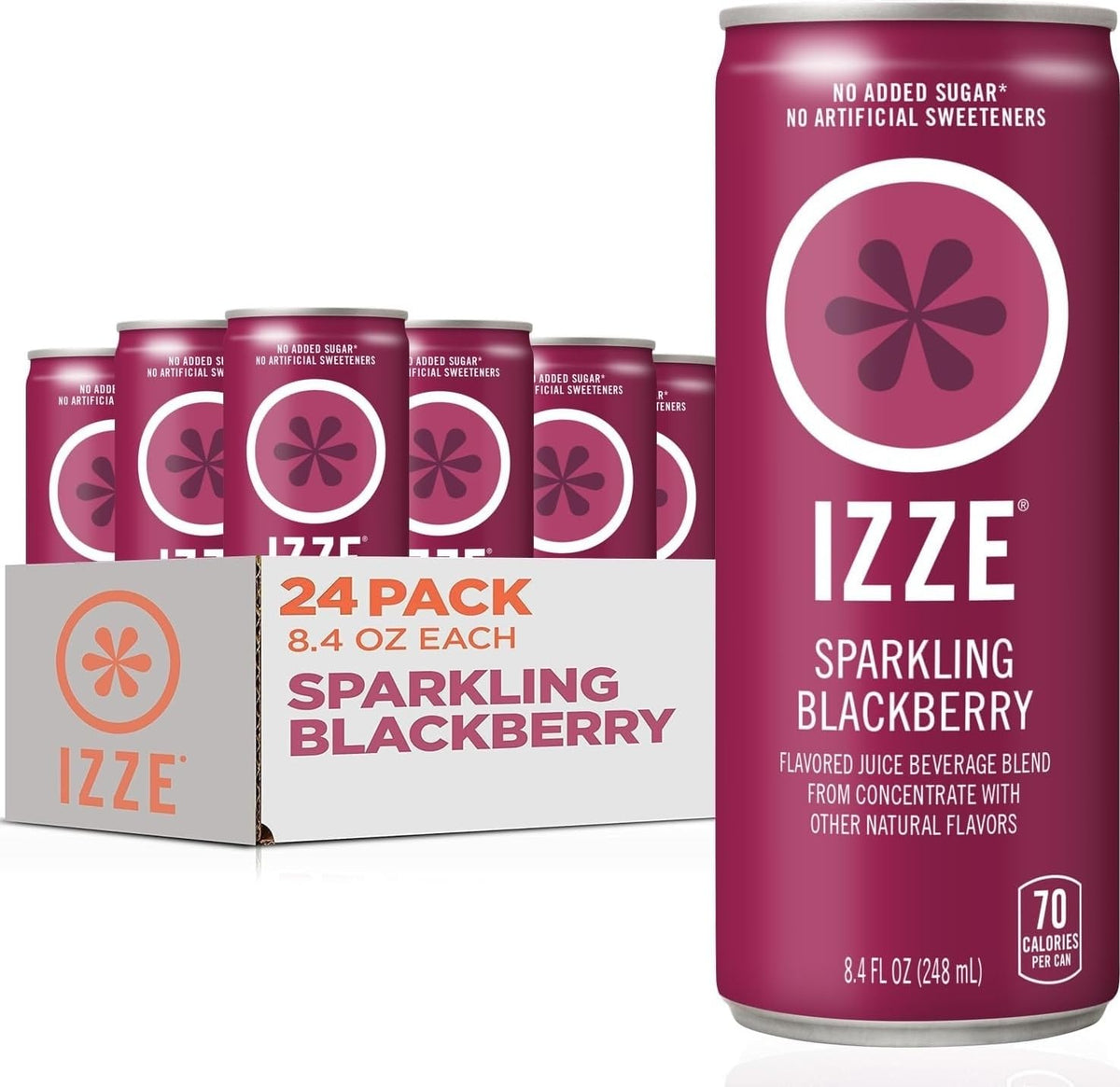 IZZE blackberry front packaging showing vibrant can and brand, highlights real juice benefit