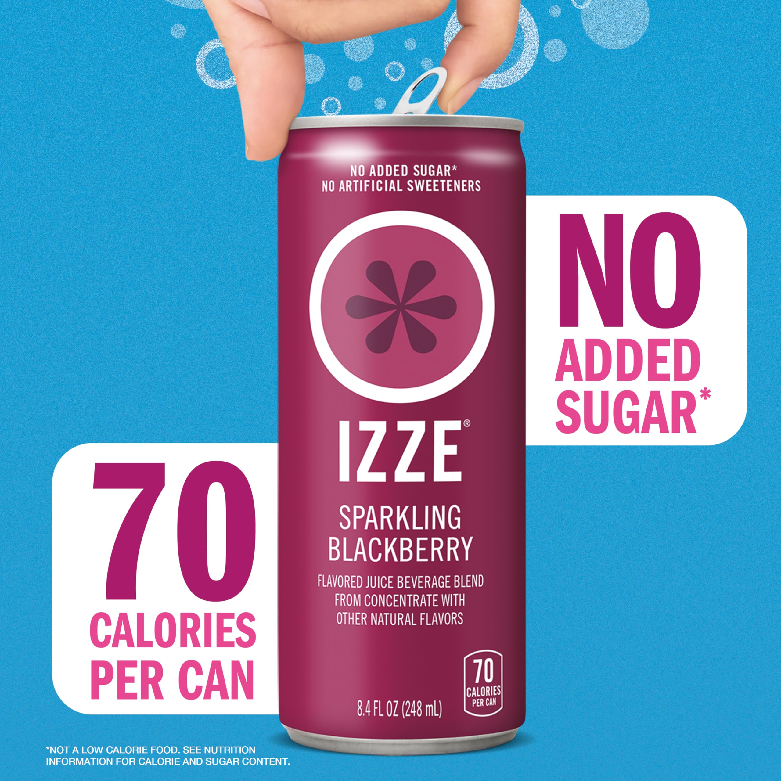 IZZE blackberry can in hand for scale, showing convenient 8.4 fl oz single-serve portability